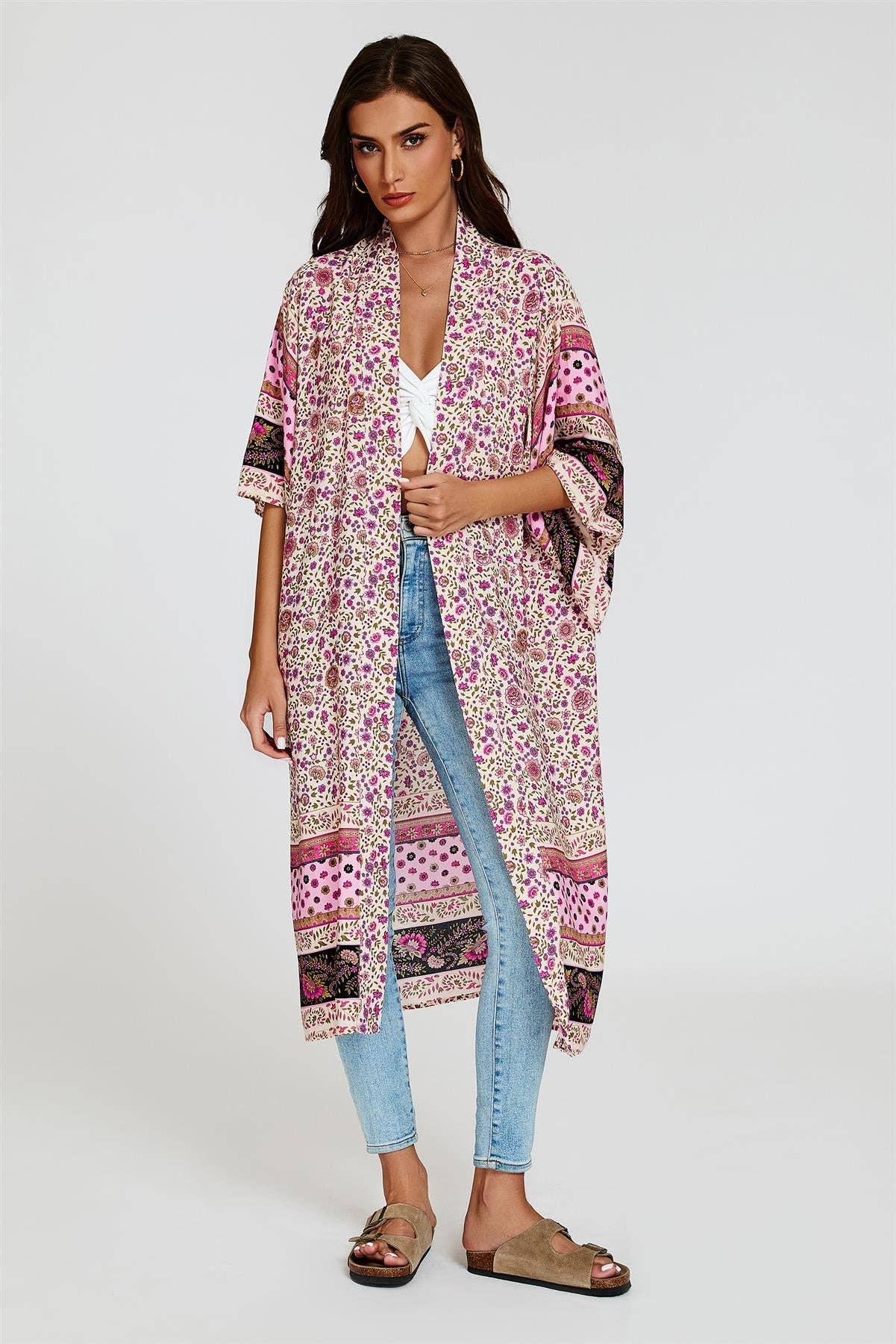 Entspannter Baumwoll-Kimono in Rosa