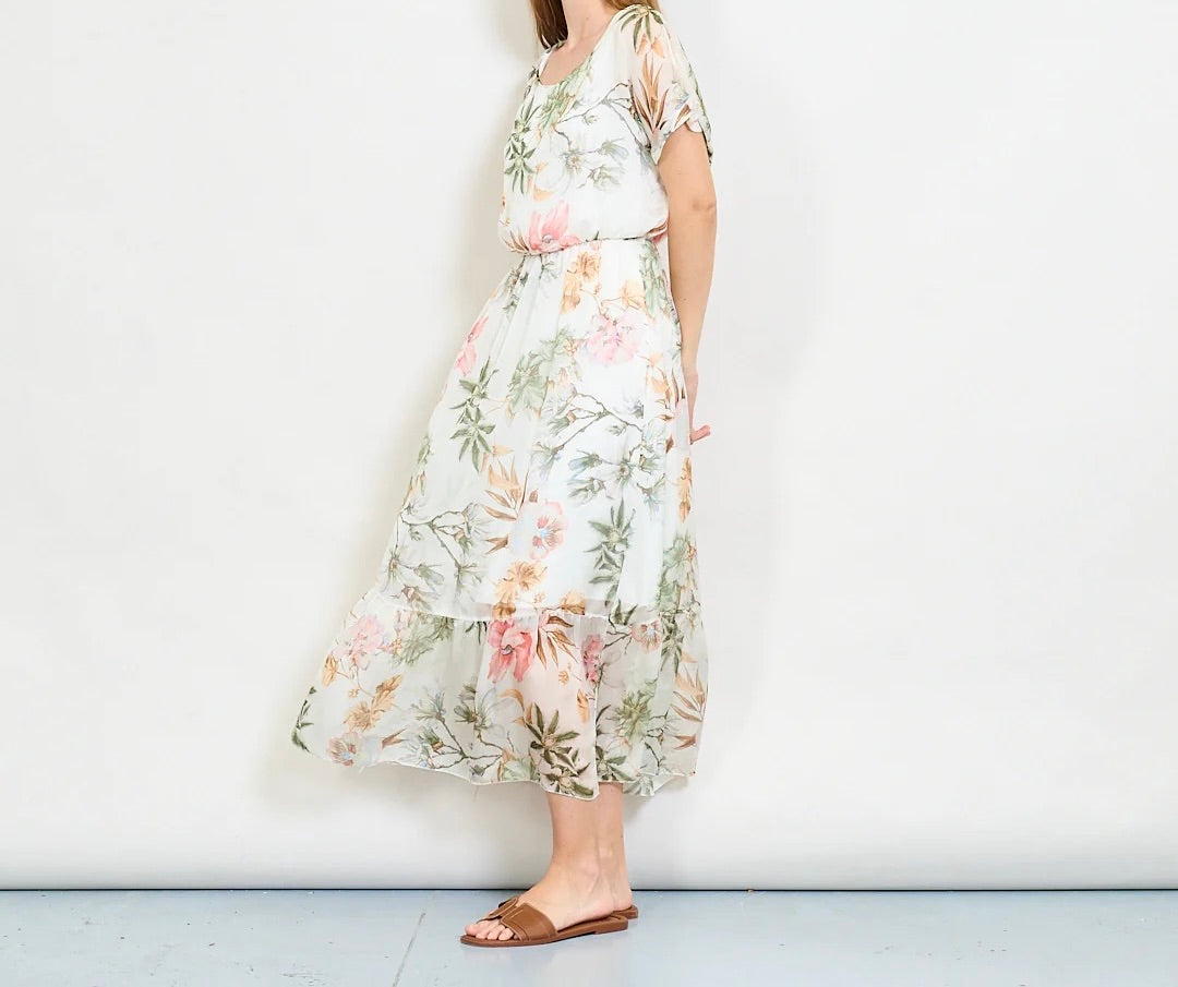 Aquarellblütendruckschichtkleid mit elastischer Taille
