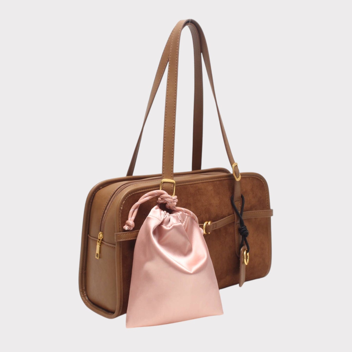 Schultertasche, Wildleder, mit Schnalle und dekorativem Täschchen