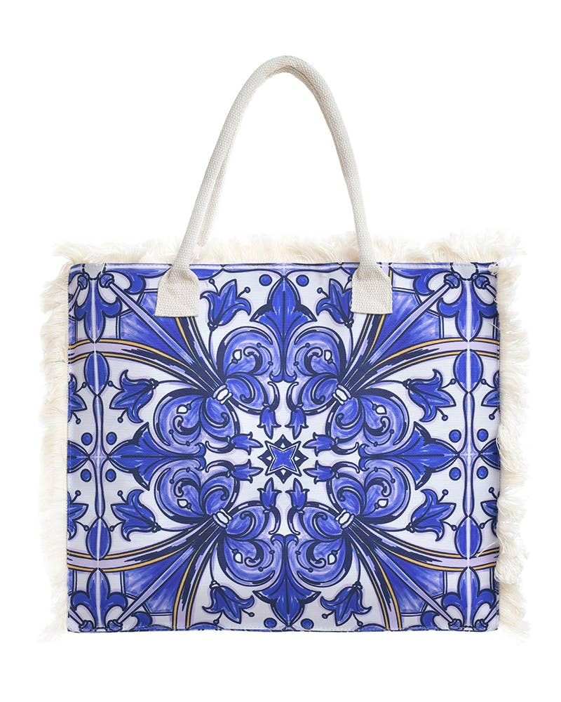 Stofftasche Weiß/Blaue Drucke