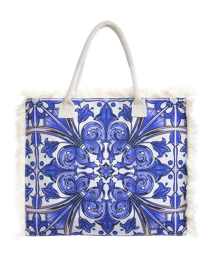 Stofftasche Weiß/Blaue Drucke