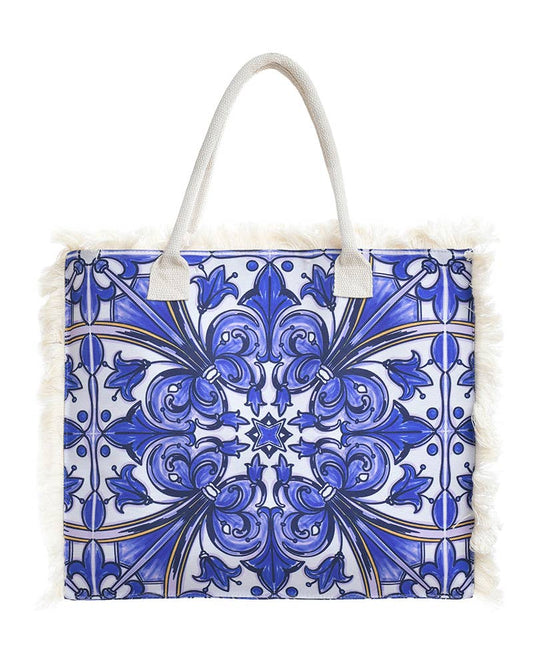 Stofftasche Weiß/Blaue Drucke