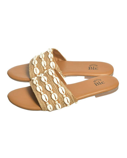 Weiße und goldene Muschel‑Sommersandale