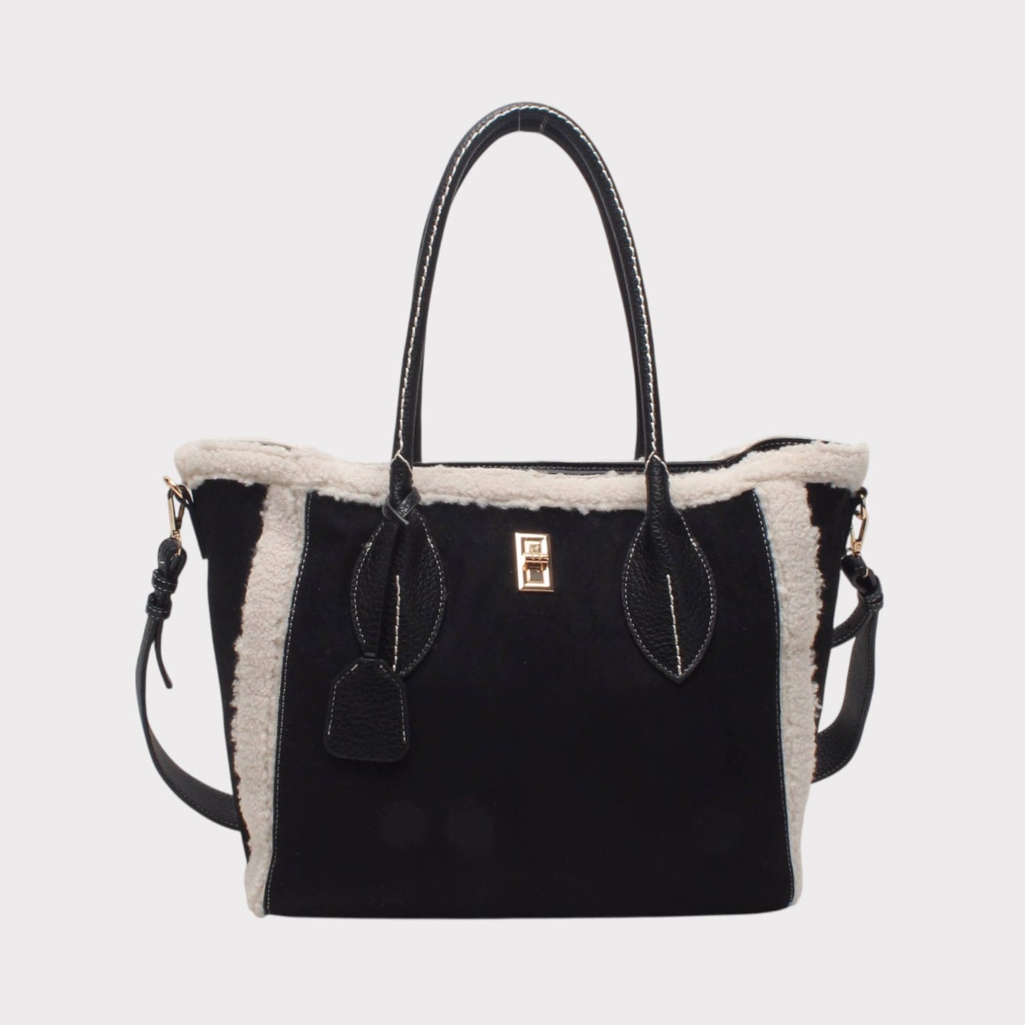 Schultertasche mit dekorativem Verschluss, zweifarbiges Wildleder.