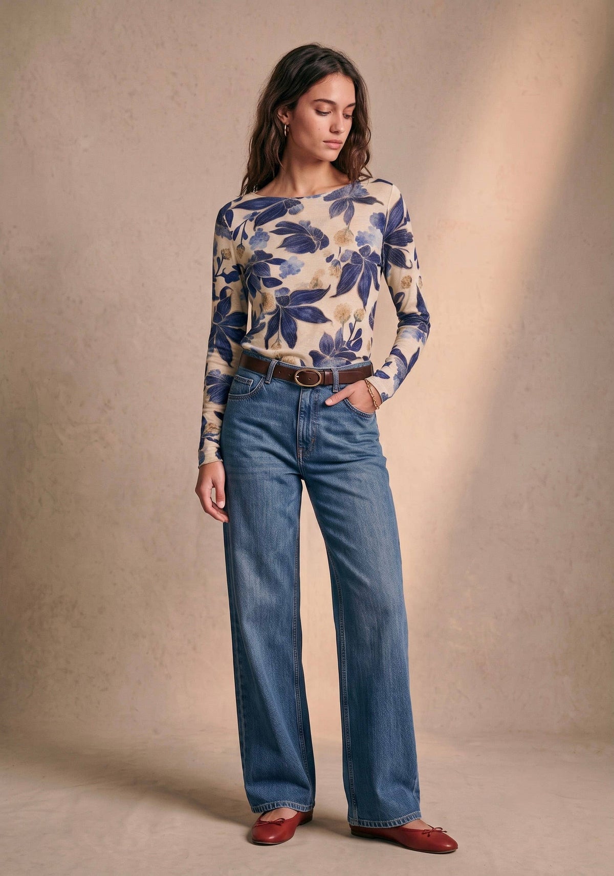 Floral bedrucktes Top, Rundhalsausschnitt, lange Ärmel, tailliert PT2632: Rosa / STANDARDGRÖSSE (36-42 / S-XL)