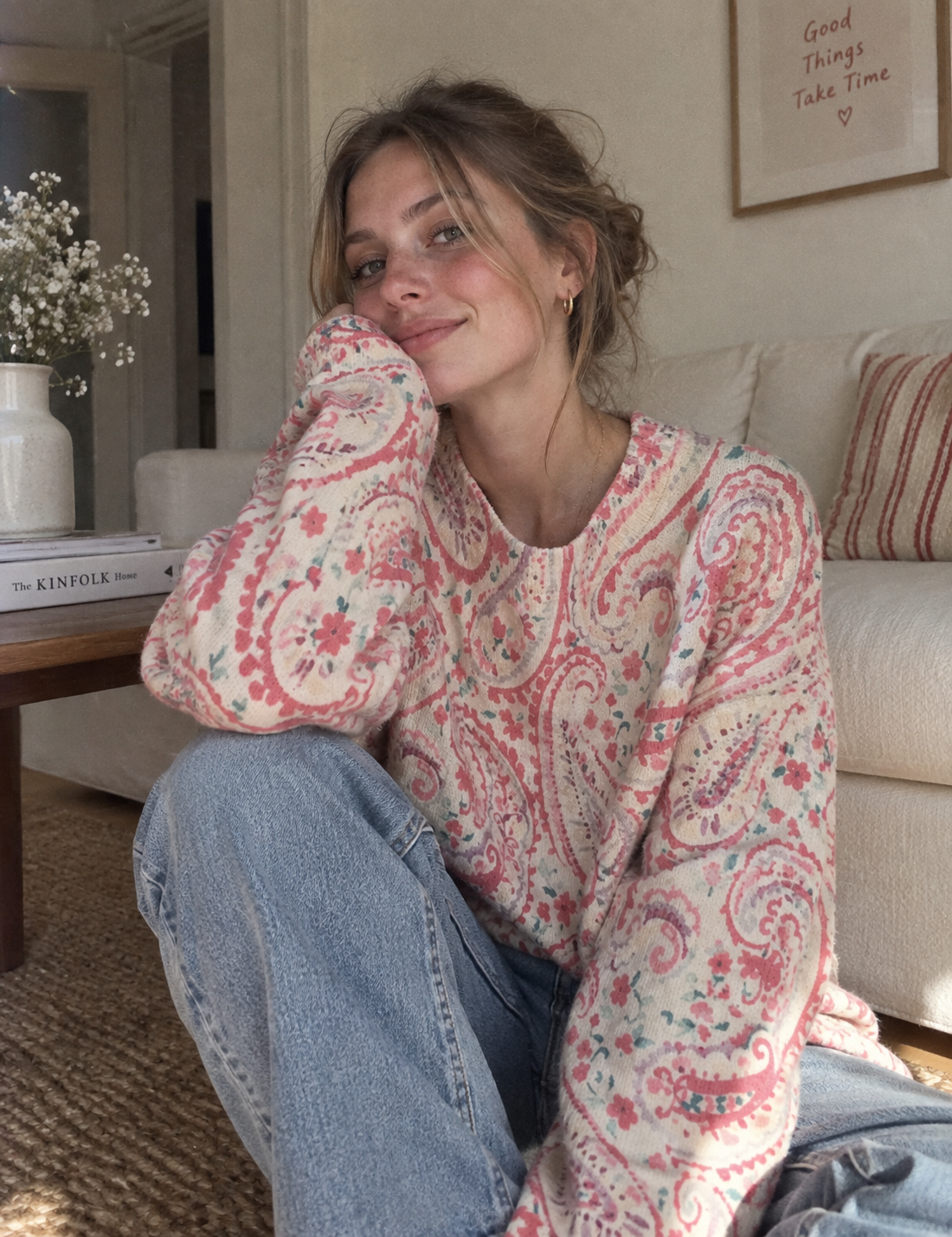 Boho-Paisley-Rosen-Pullover – Strick mit Blumenmuster