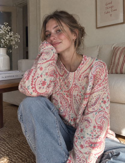 Boho-Paisley-Rosen-Pullover – Strick mit Blumenmuster