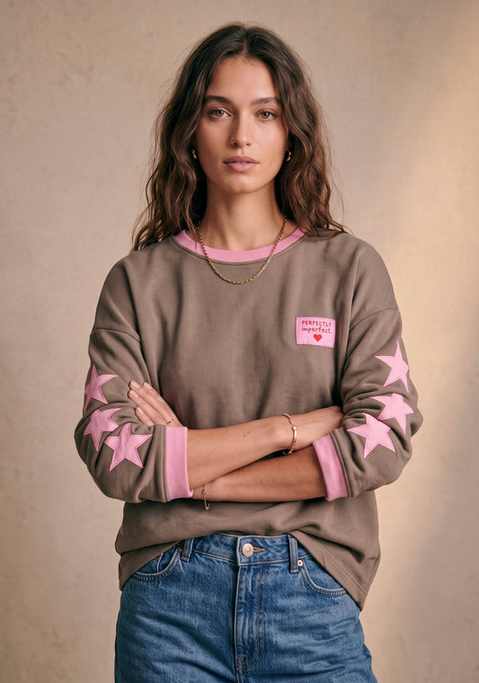 Oversize-Sweatshirt, Rundhalsausschnitt, Sterne, Baumwolle, zweifarbig