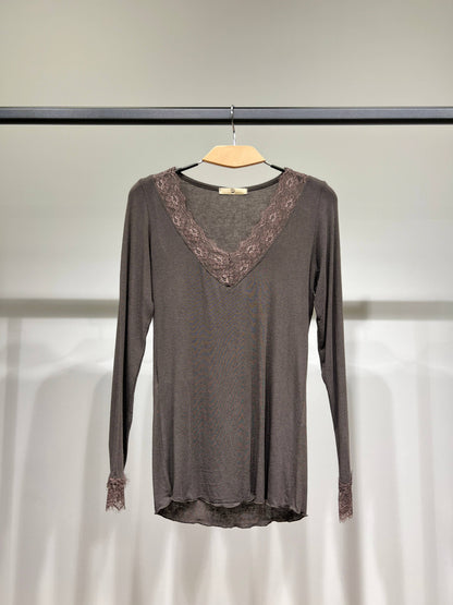 Leichtes V-Ausschnitt Langarmshirt mit Spitze 15% Kaschmir