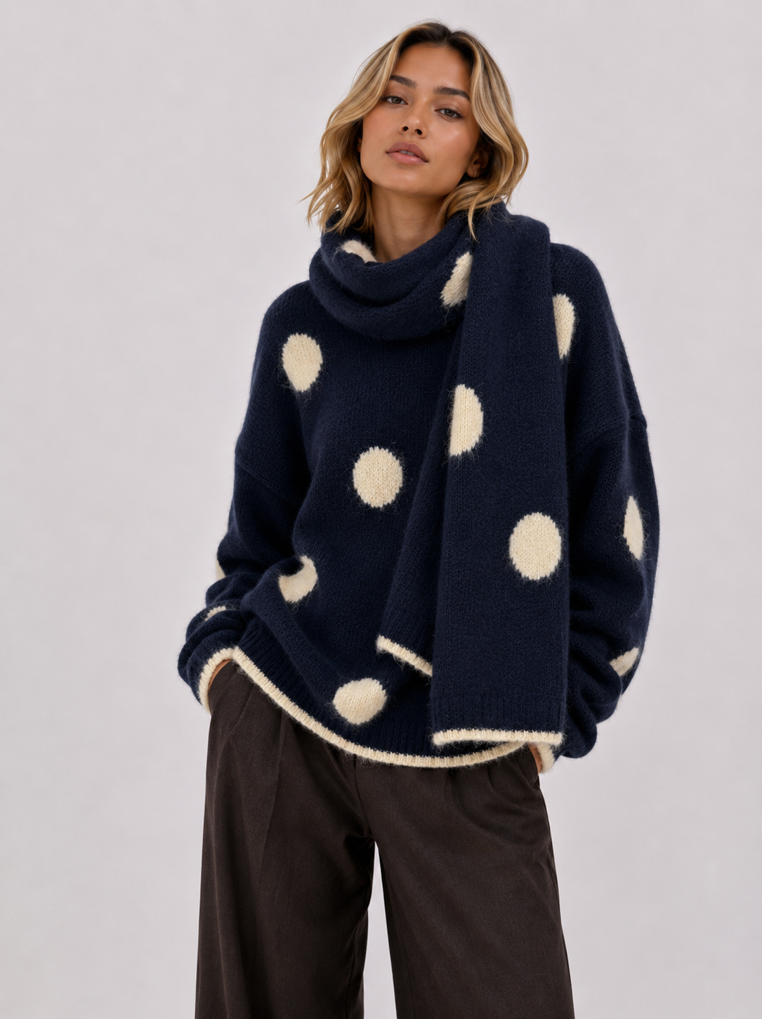 Strickpullover mit passendem Schal – Gepunktete Kollektion