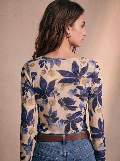 Floral bedrucktes Top, Rundhalsausschnitt, lange Ärmel, tailliert PT2632: Rosa / STANDARDGRÖSSE (36-42 / S-XL)