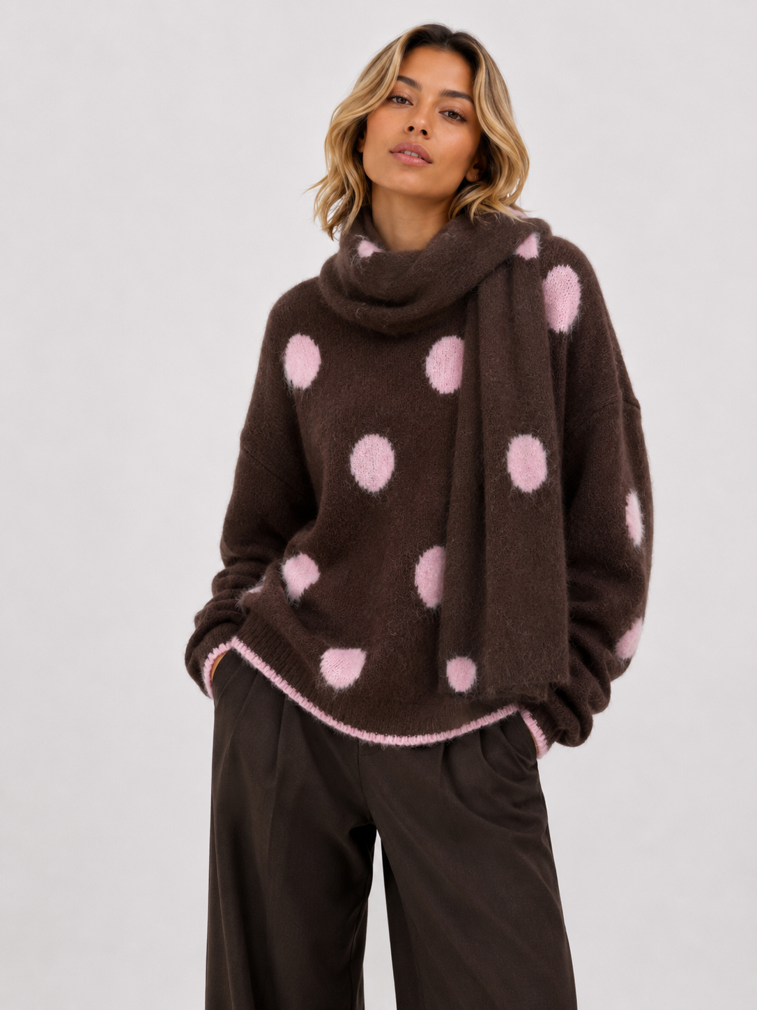 Strickpullover mit passendem Schal – Gepunktete Kollektion