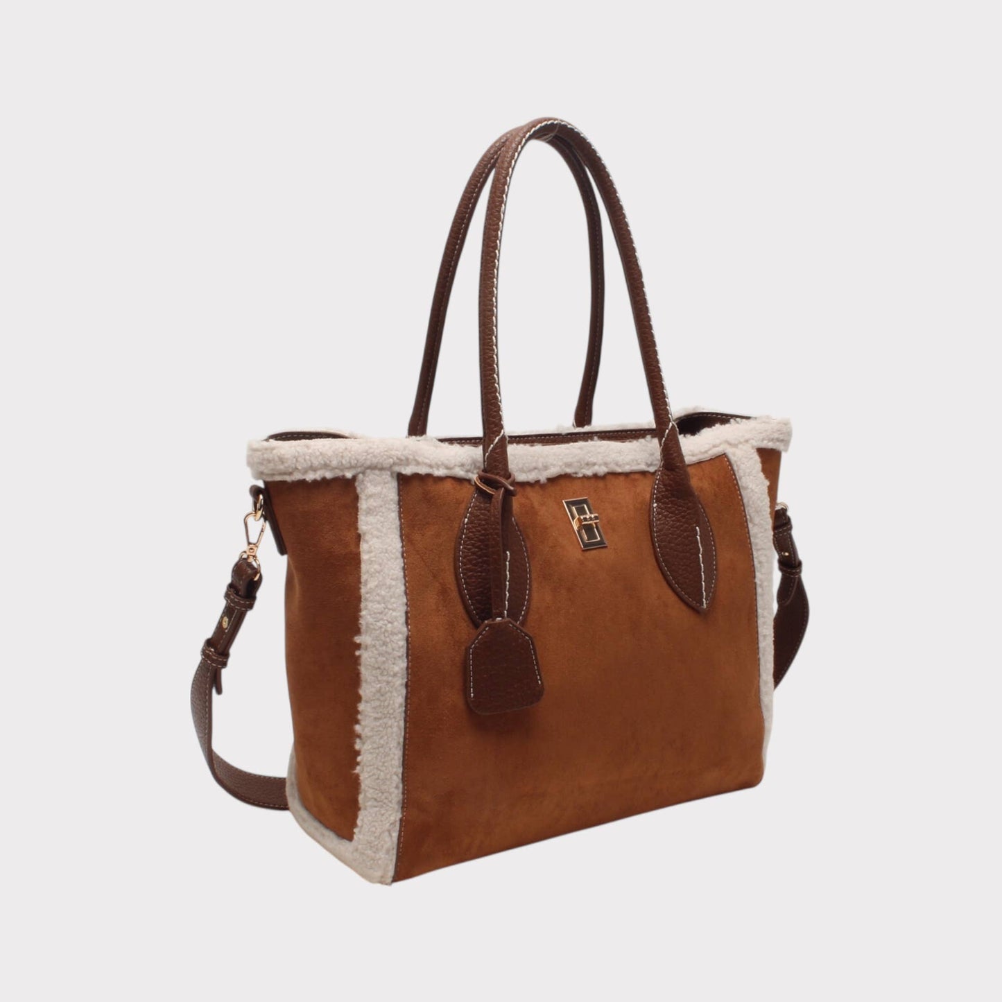 Schultertasche mit dekorativem Verschluss, zweifarbiges Wildleder.