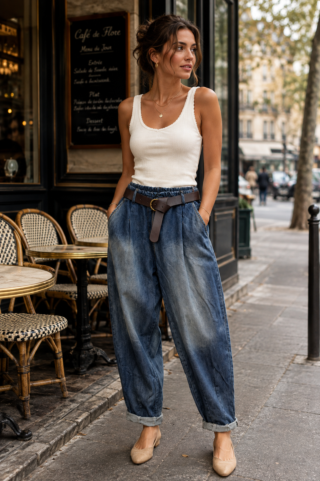 Weite Jeans mit elastischem Bund und Gürtel