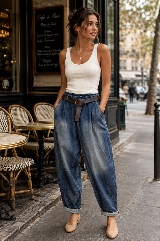 Weite Jeans mit elastischem Bund und Gürtel