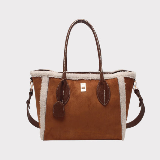 Schultertasche mit dekorativem Verschluss, zweifarbiges Wildleder.