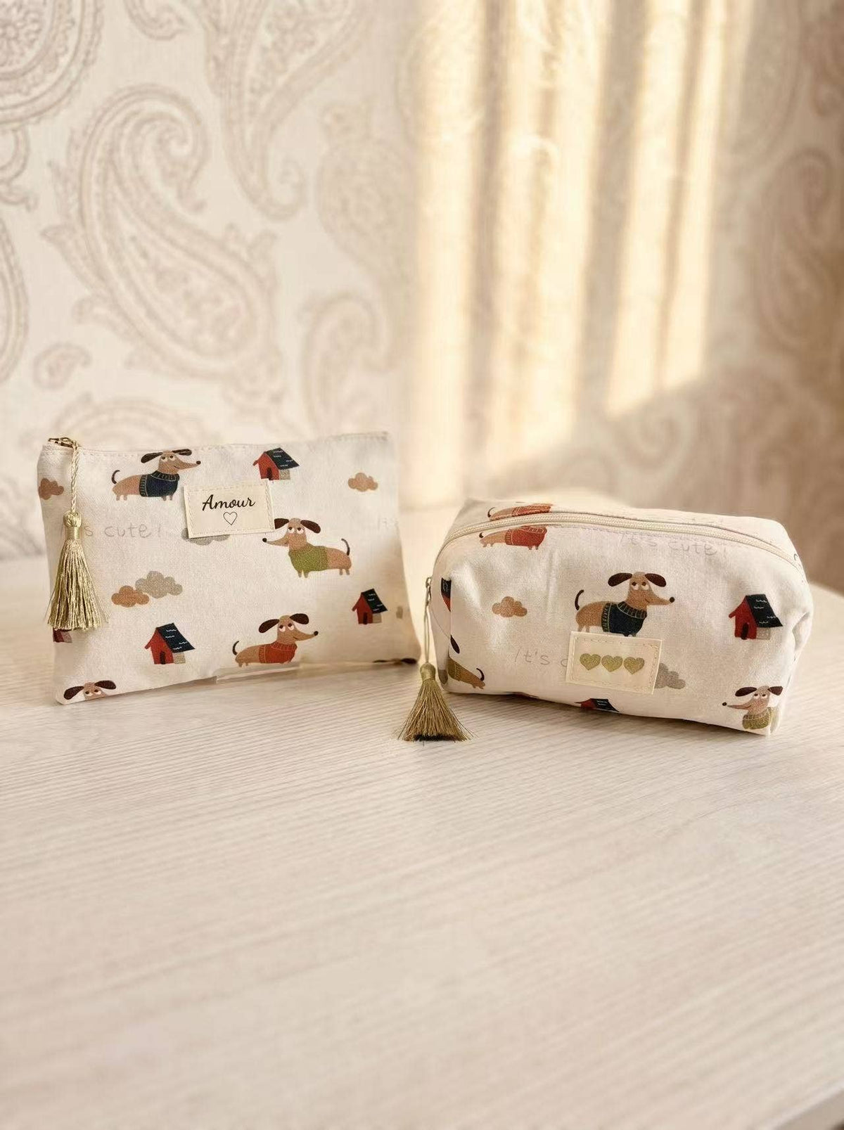Trendiges Dackel-Täschchen-Set beige schick entzückend