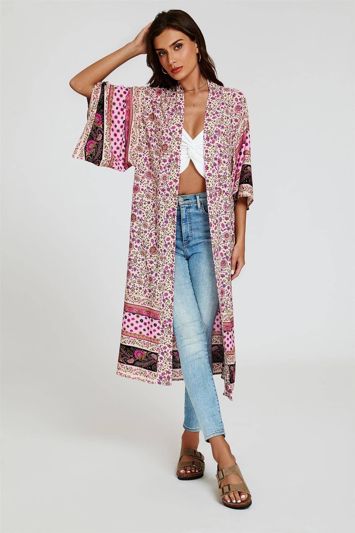 Entspannter Baumwoll-Kimono in Rosa