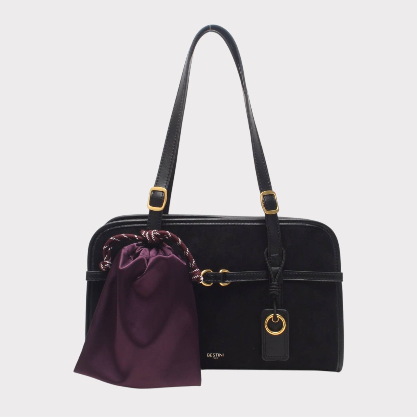 Schultertasche, Wildleder, mit Schnalle und dekorativem Täschchen