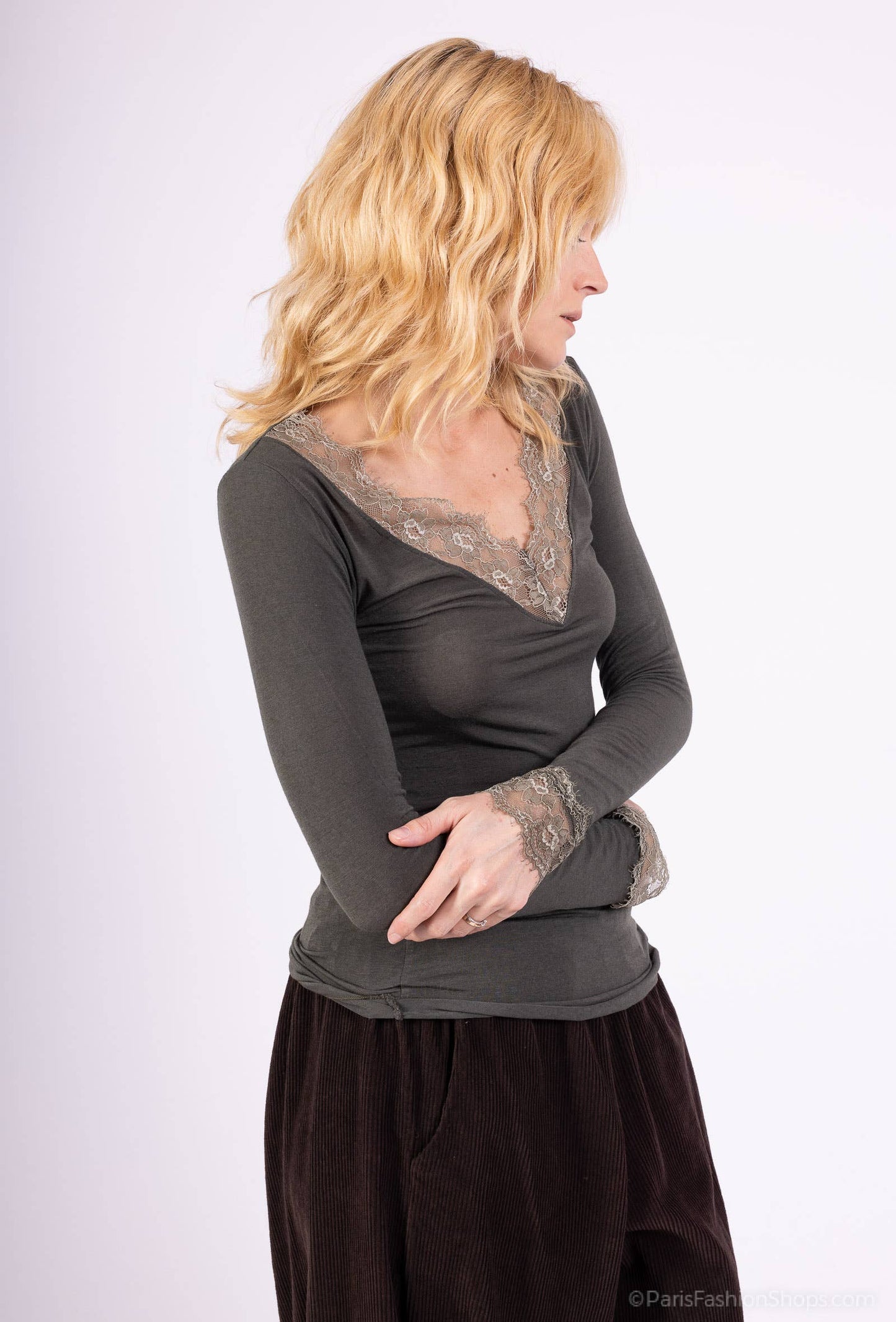 Leichtes V-Ausschnitt Langarmshirt mit Spitze 15% Kaschmir
