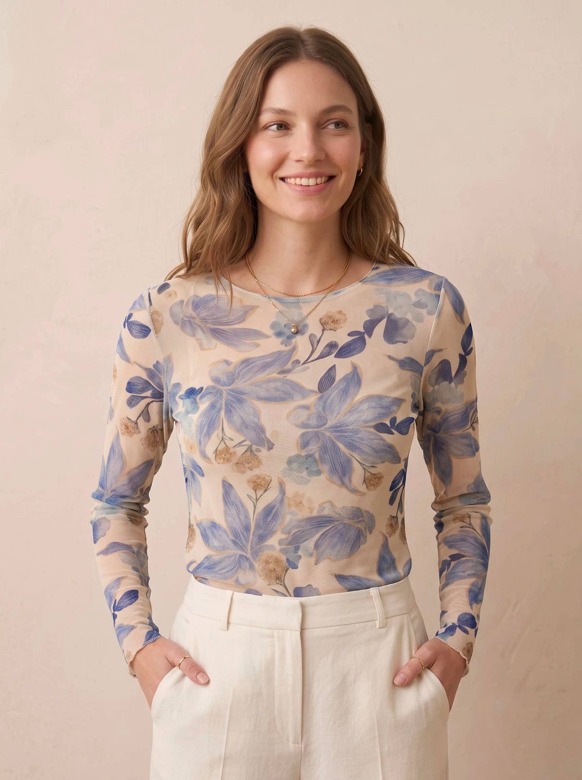 Floral bedrucktes Top, Rundhalsausschnitt, lange Ärmel, tailliert PT2632: Rosa / STANDARDGRÖSSE (36-42 / S-XL)