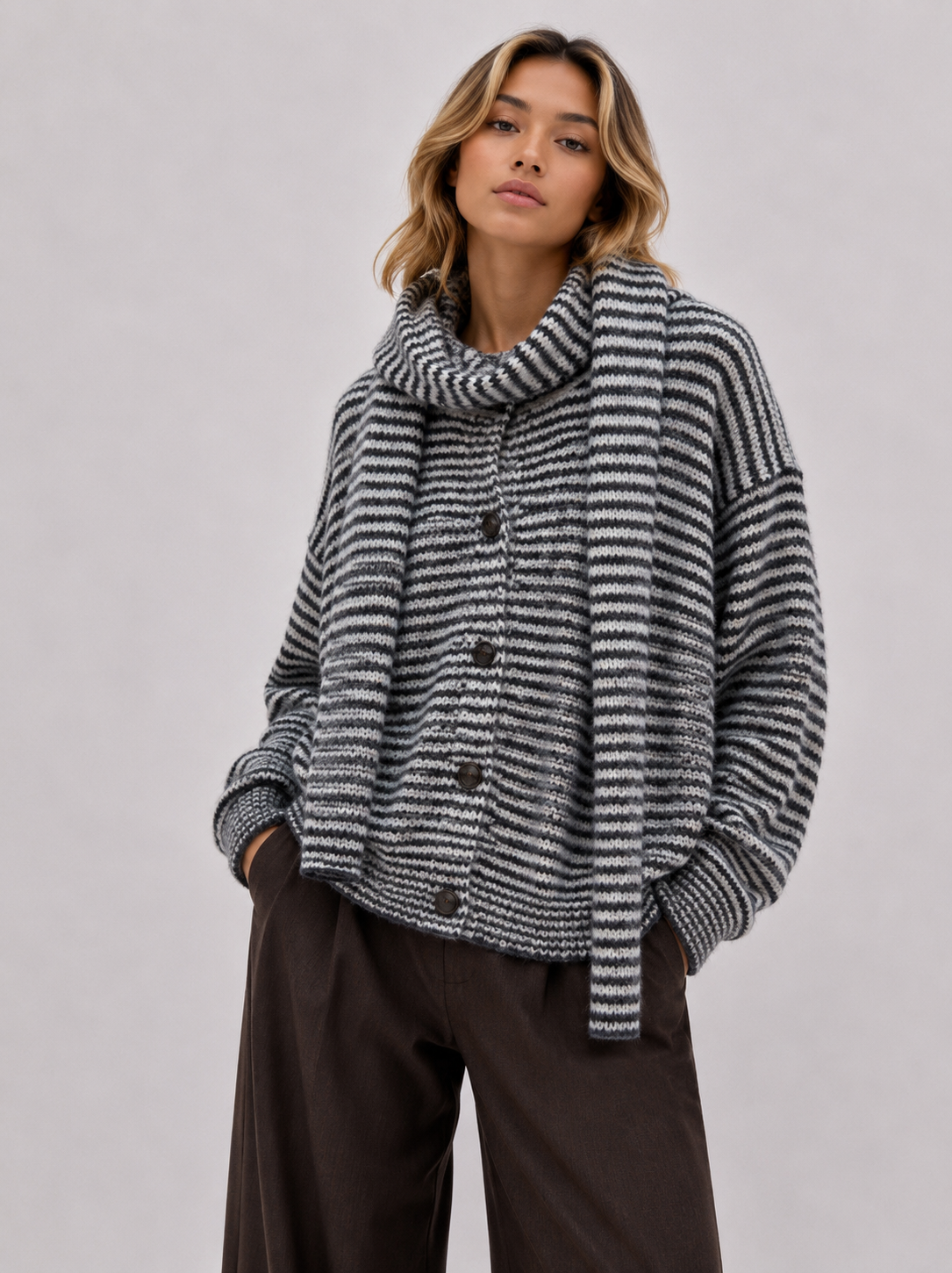 Gestreifter Strickcardigan mit passendem Schal