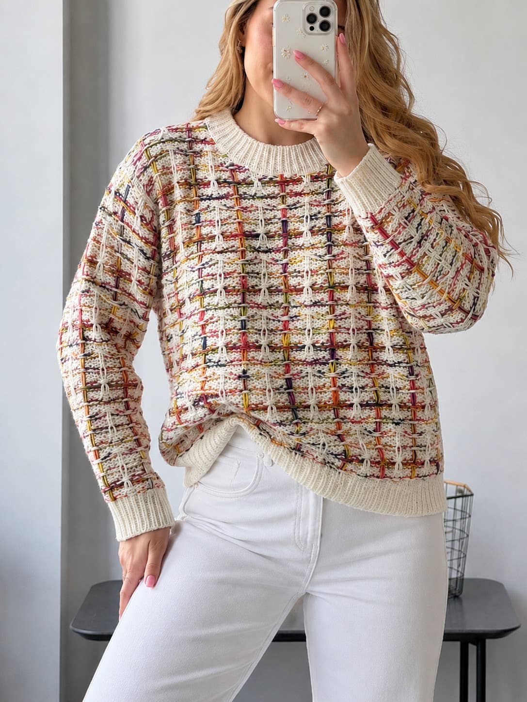 Pullover Entrelac-Strick mit bunten Garnen