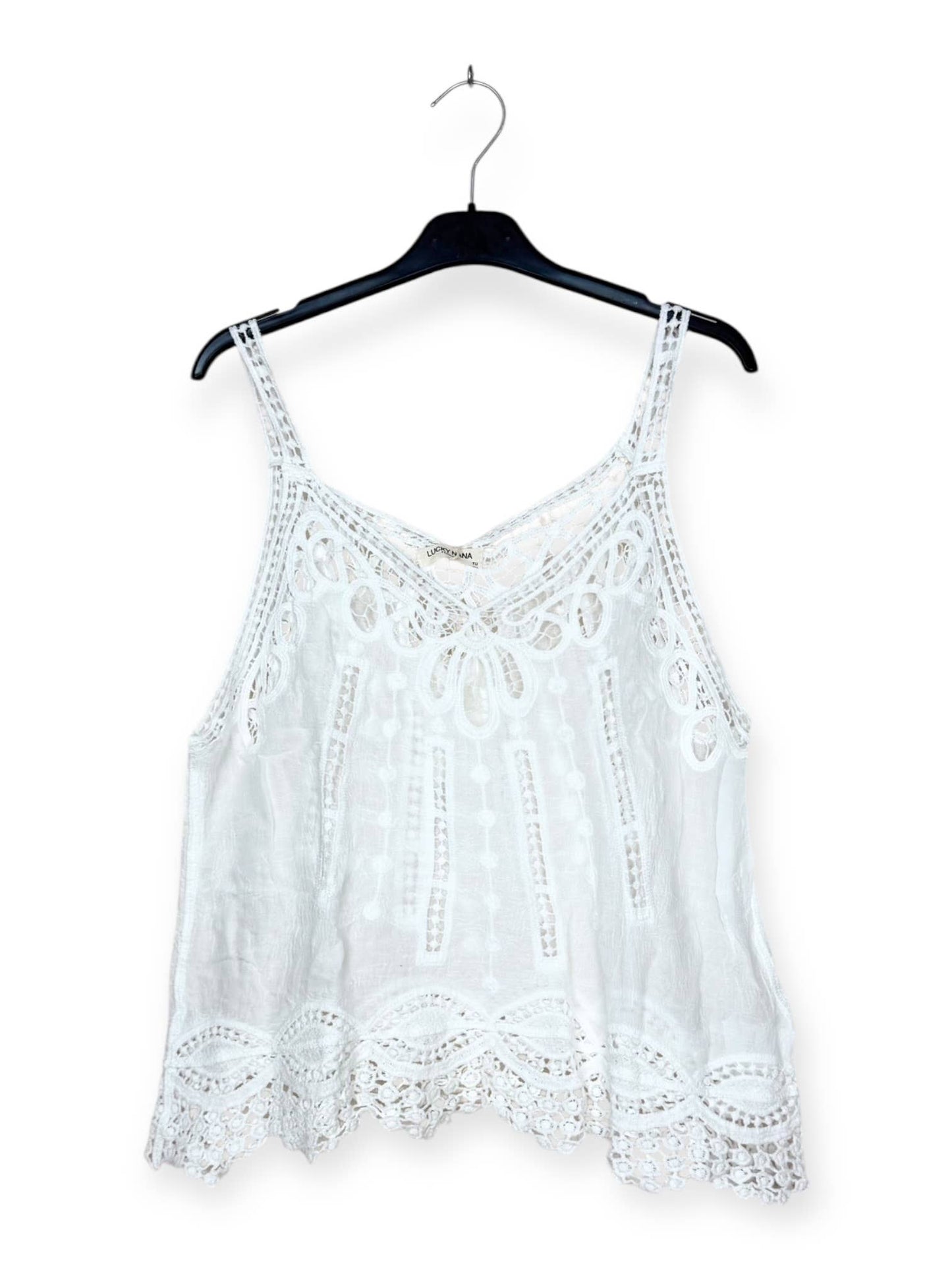 Spitzen-Top mit durchbrochenen Mustern und Bordüre c: Beige