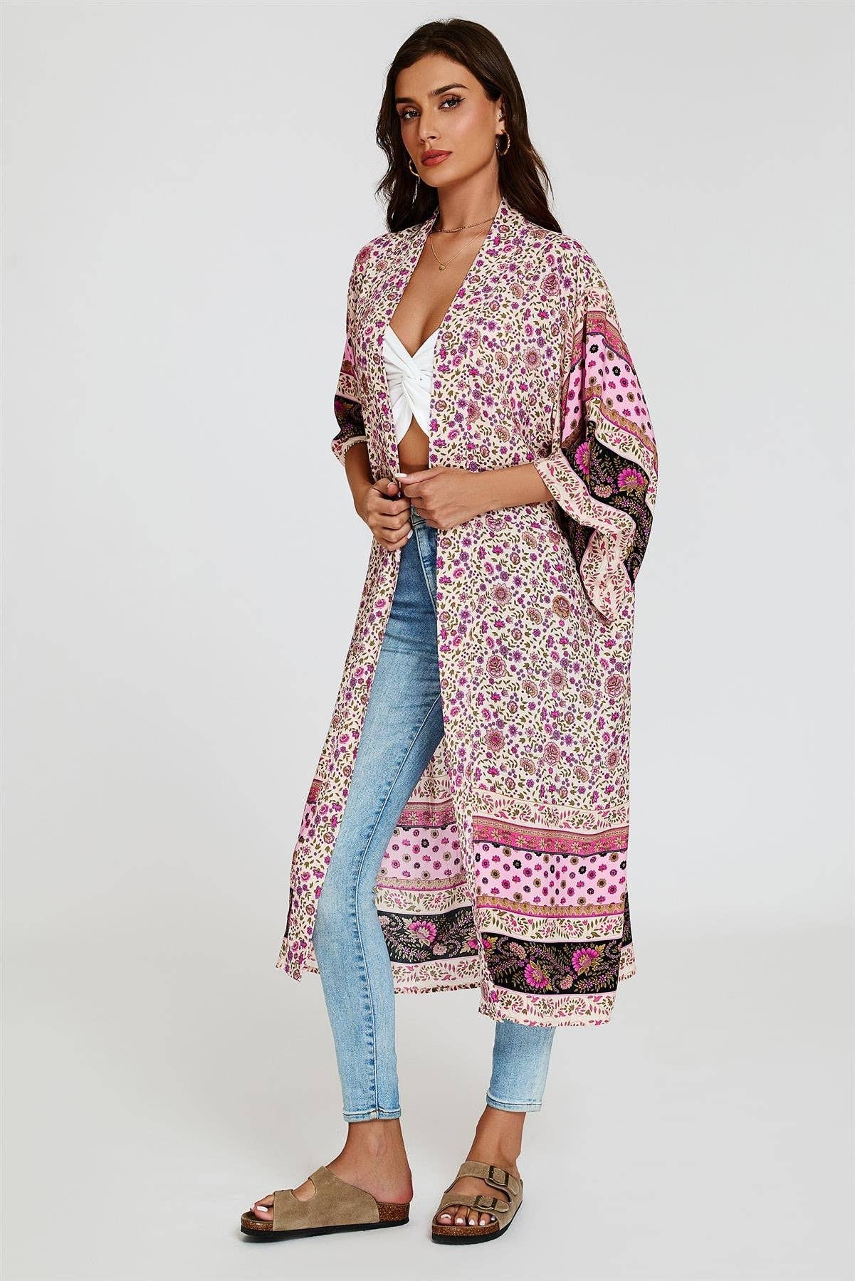 Entspannter Baumwoll-Kimono in Rosa