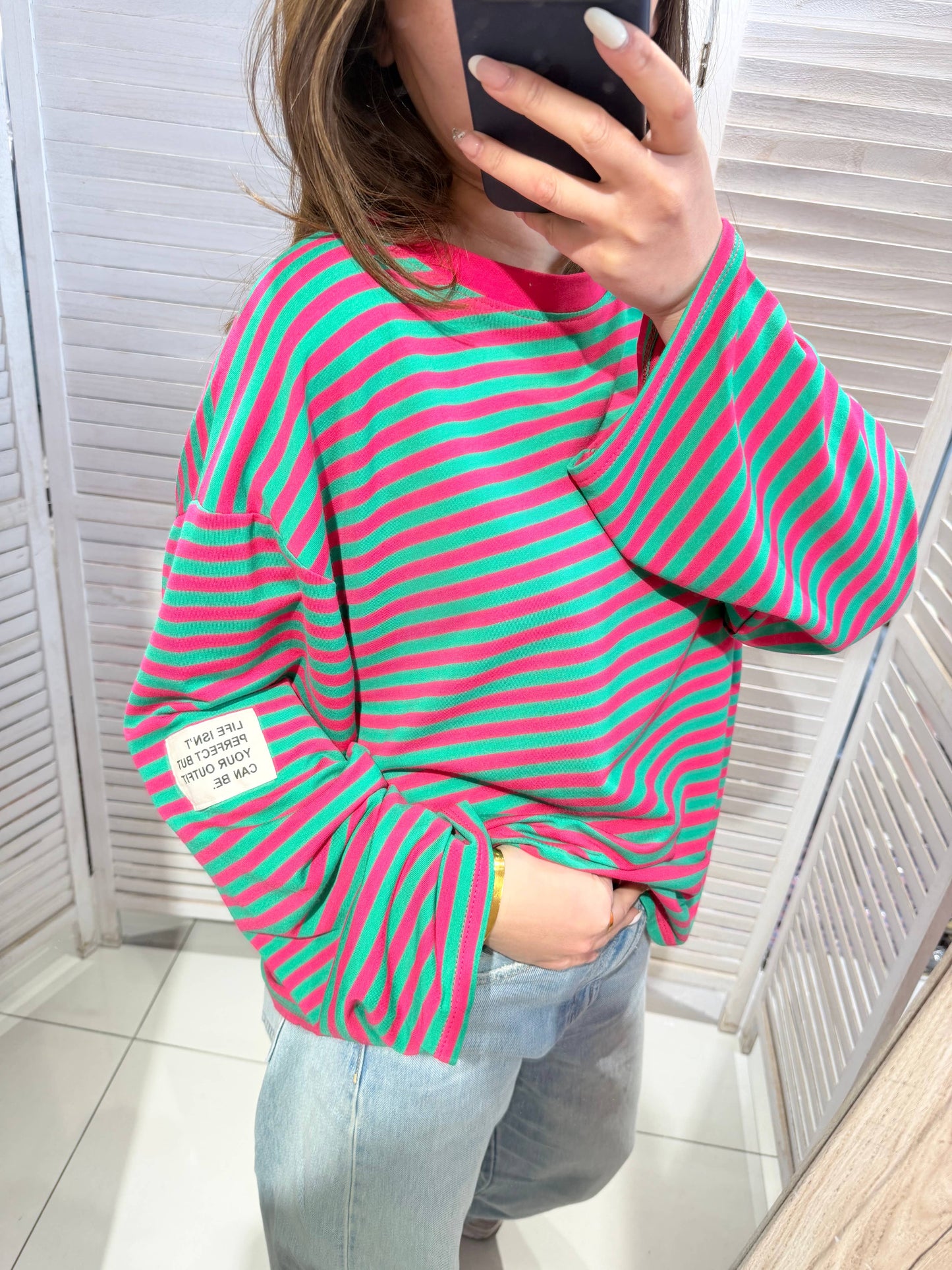 Gestreiftes T-Shirt Langarm mit Rundhalsausschnitt