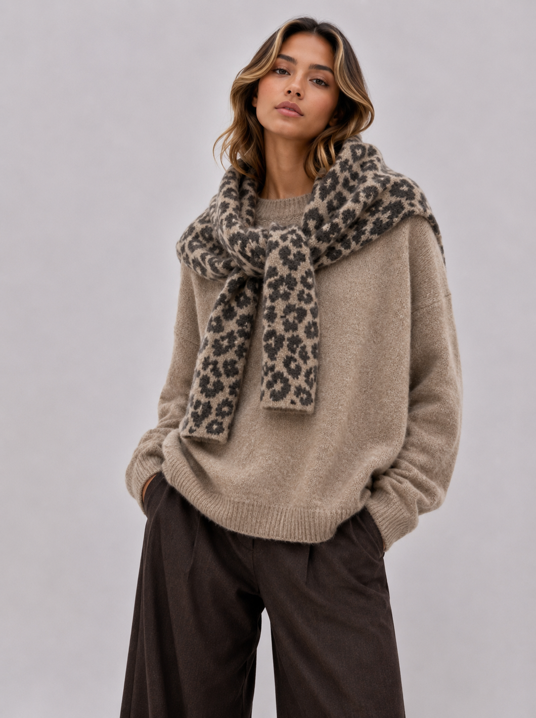 Pullover aus weichem Strick mit integriertem Leoparden-Schal