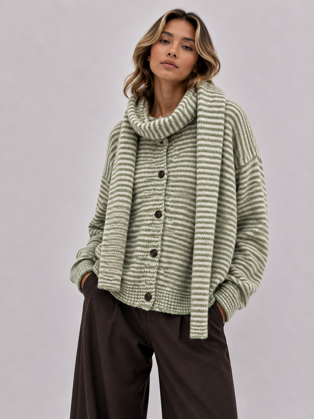 Gestreifter Strickcardigan mit passendem Schal