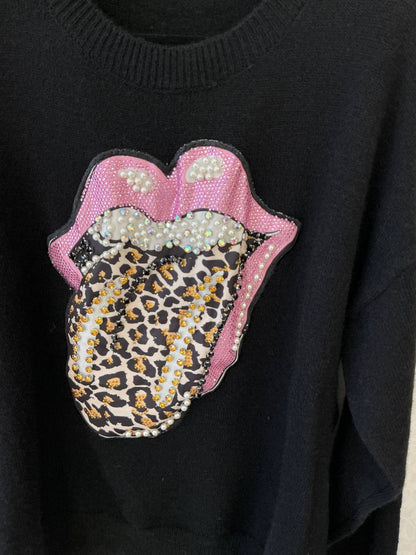 Oversize schwarzer Pullover mit strassbesetzter Leopardenlippe