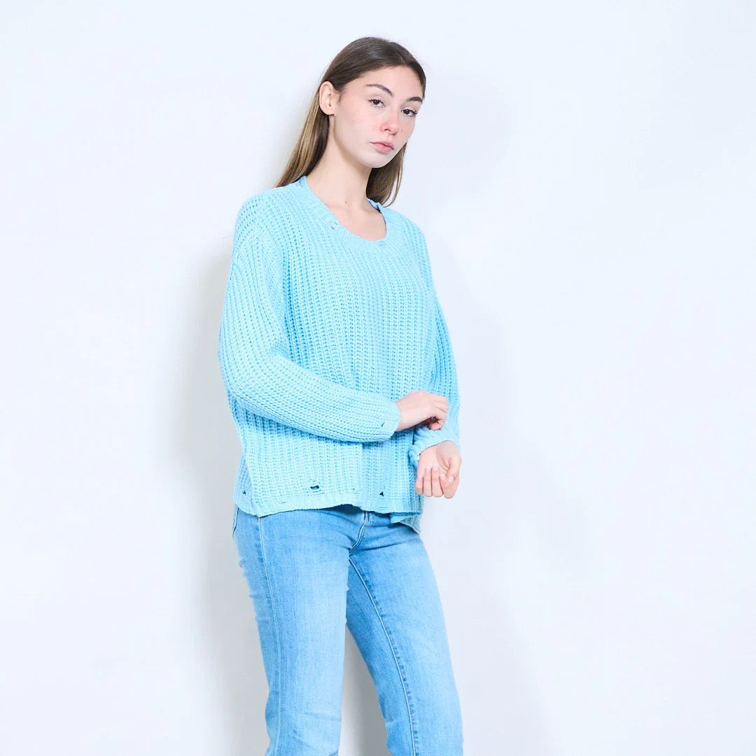 Langärmliger, lockerer Strickpullover mit grobem Rippstrick und Rundhalsausschnitt