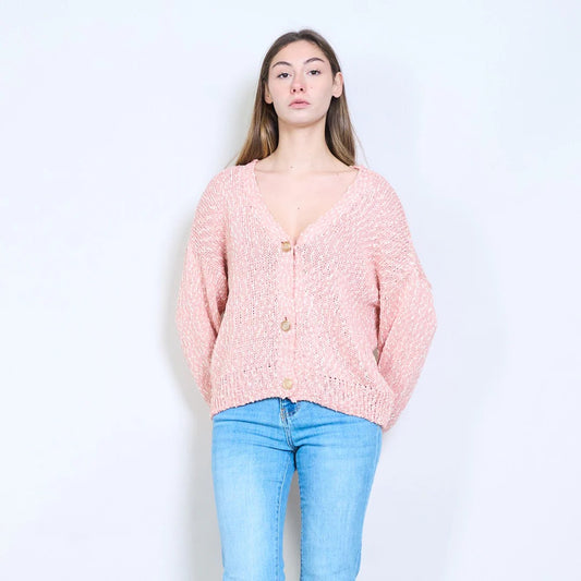 Schimmernder Strick-Cardigan mit V-Ausschnitt, Knopfleiste vorne und langen Ärmeln