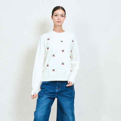 Mini Cherry Motiv bestickter Strickpullover