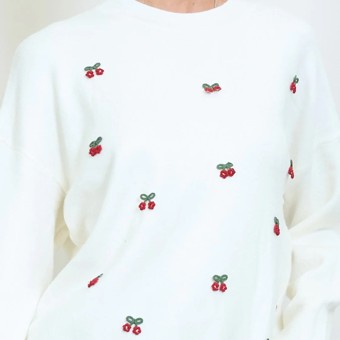 Mini Cherry Motiv bestickter Strickpullover
