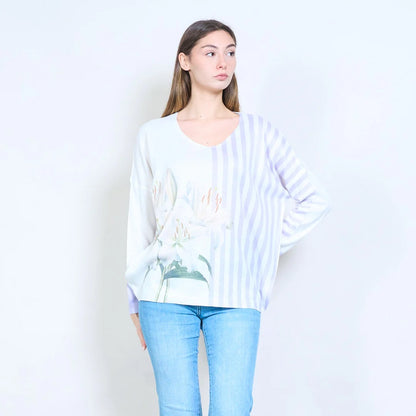 Gestreifter, floraler Lilien-Grafik-V-Ausschnitt-Leichtstrickpullover