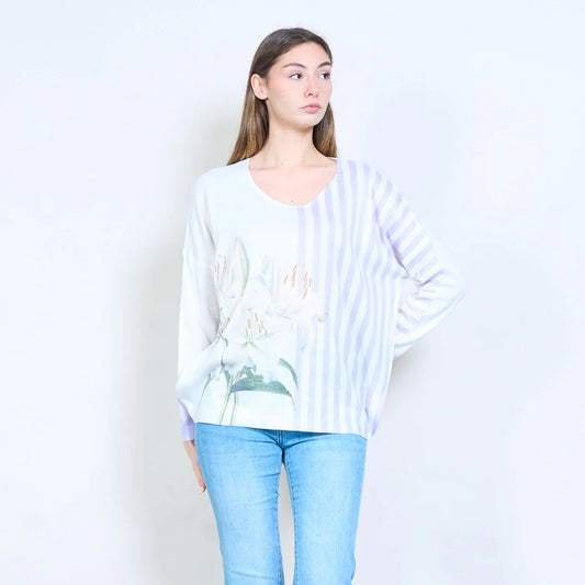 Gestreifter, floraler Lilien-Grafik-V-Ausschnitt-Leichtstrickpullover