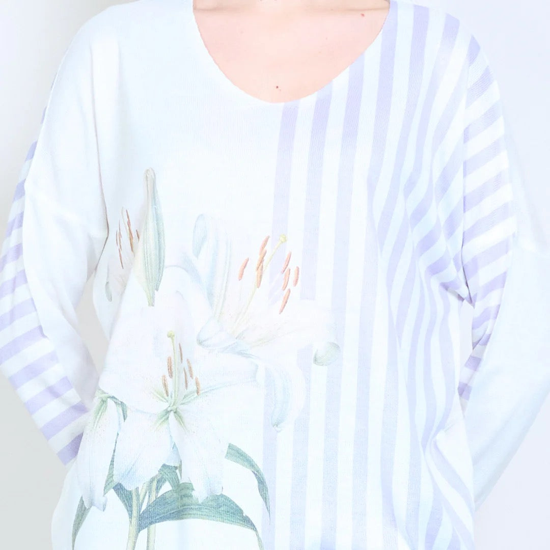 Gestreifter, floraler Lilien-Grafik-V-Ausschnitt-Leichtstrickpullover