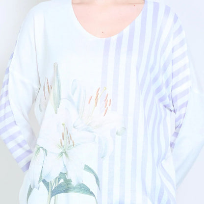 Gestreifter, floraler Lilien-Grafik-V-Ausschnitt-Leichtstrickpullover