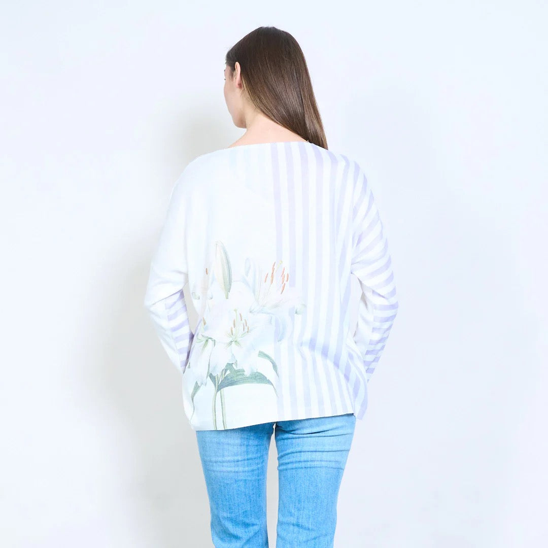 Gestreifter, floraler Lilien-Grafik-V-Ausschnitt-Leichtstrickpullover