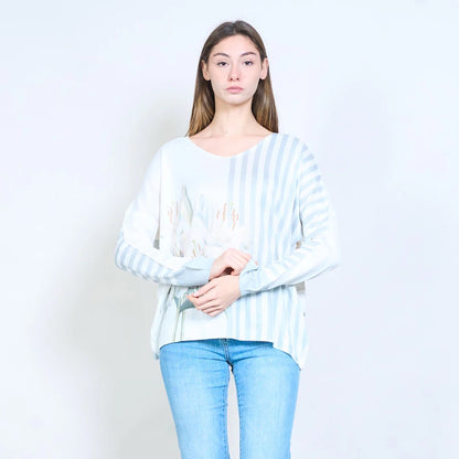 Gestreifter, floraler Lilien-Grafik-V-Ausschnitt-Leichtstrickpullover