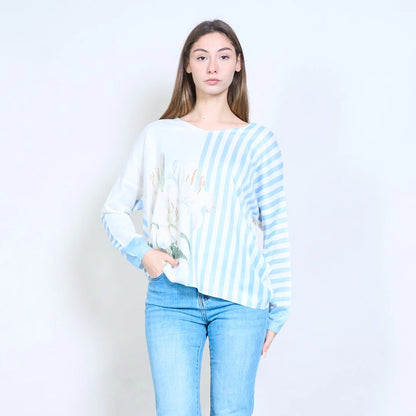 Gestreifter, floraler Lilien-Grafik-V-Ausschnitt-Leichtstrickpullover
