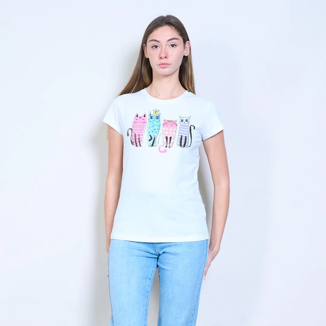 Mit Katzengrafiken bedrucktes Kurzarm-T-Shirt mit Strasssteinen