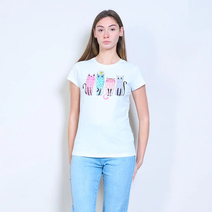 Mit Katzengrafiken bedrucktes Kurzarm-T-Shirt mit Strasssteinen
