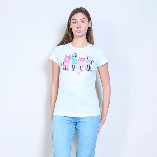 Mit Katzengrafiken bedrucktes Kurzarm-T-Shirt mit Strasssteinen