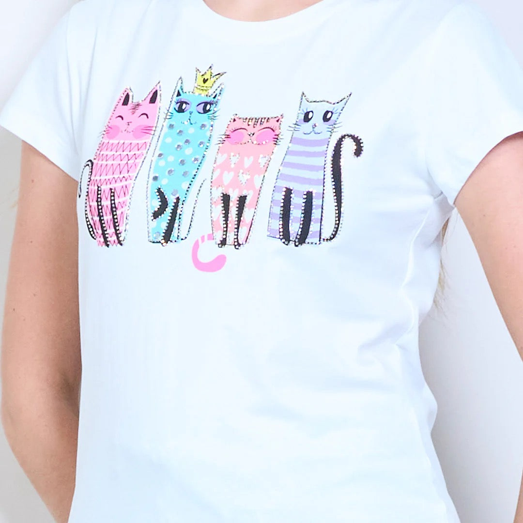 Mit Katzengrafiken bedrucktes Kurzarm-T-Shirt mit Strasssteinen