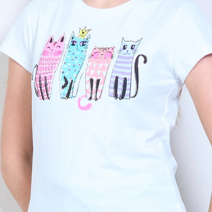 Mit Katzengrafiken bedrucktes Kurzarm-T-Shirt mit Strasssteinen
