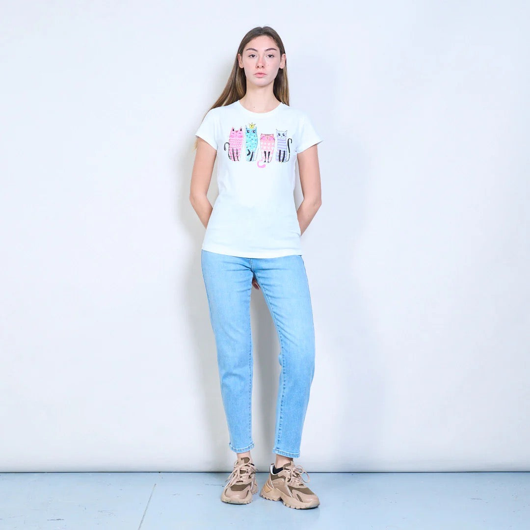 Mit Katzengrafiken bedrucktes Kurzarm-T-Shirt mit Strasssteinen